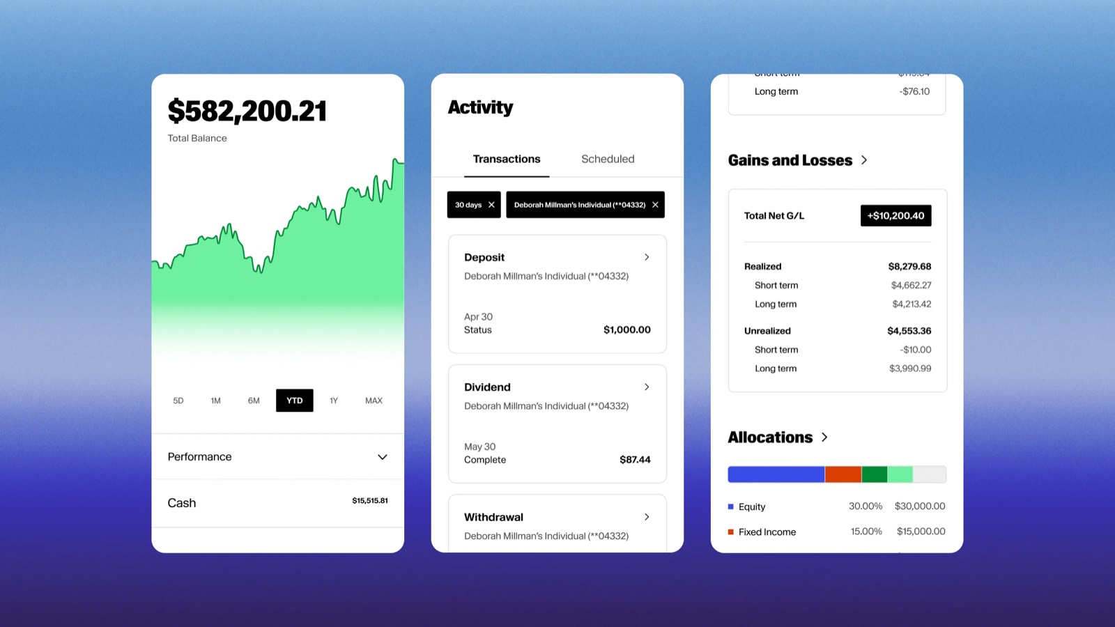 The Altruist client app showing account balance, activity, gains and allocations