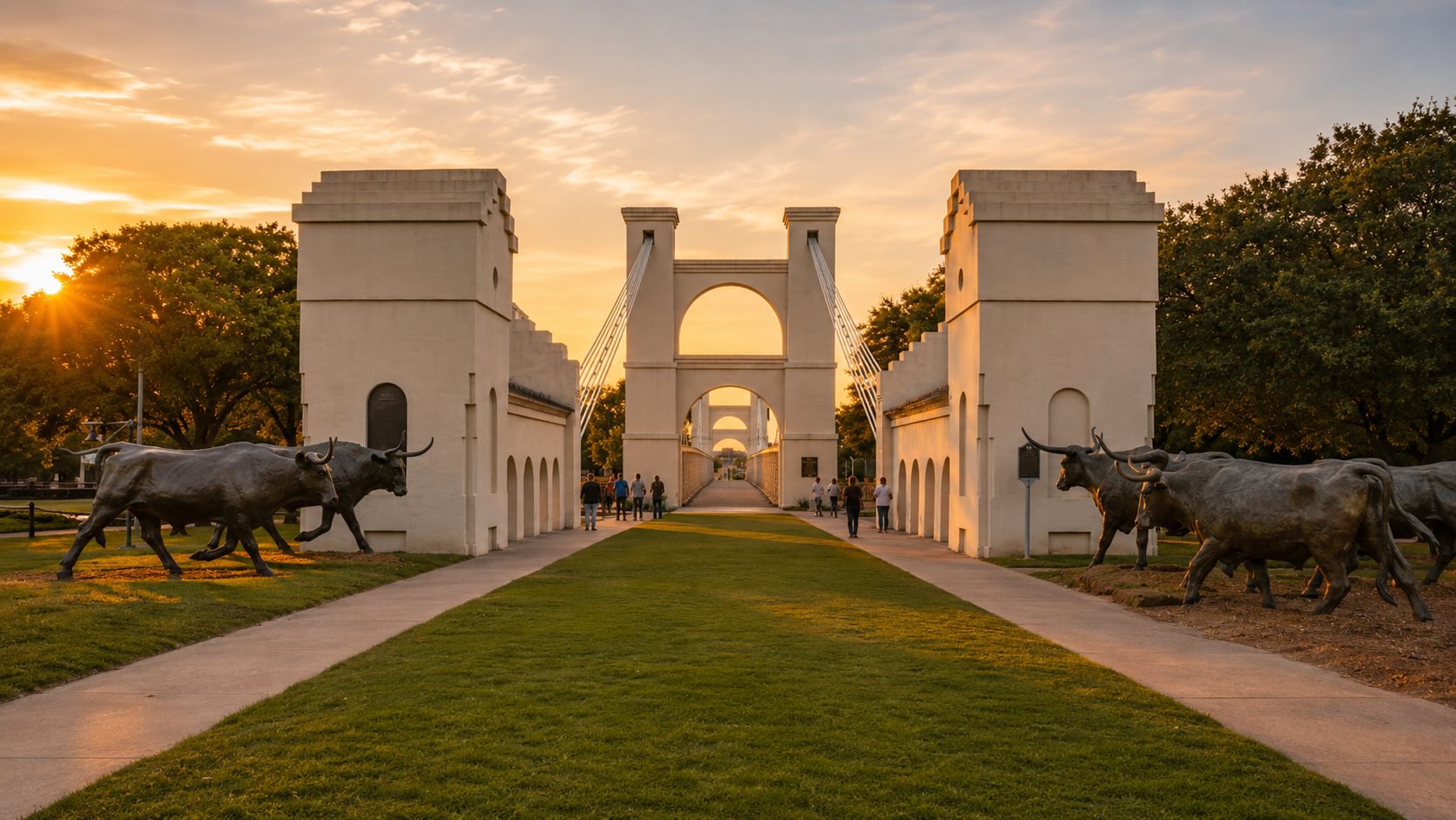 The Waco Suspension Bridge and Branding the Brazos cattle statues at sunset