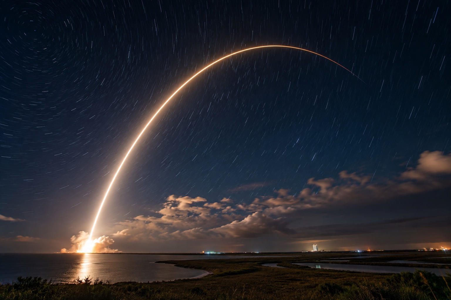 A SpaceX rocket arcing into the night sky over the coast