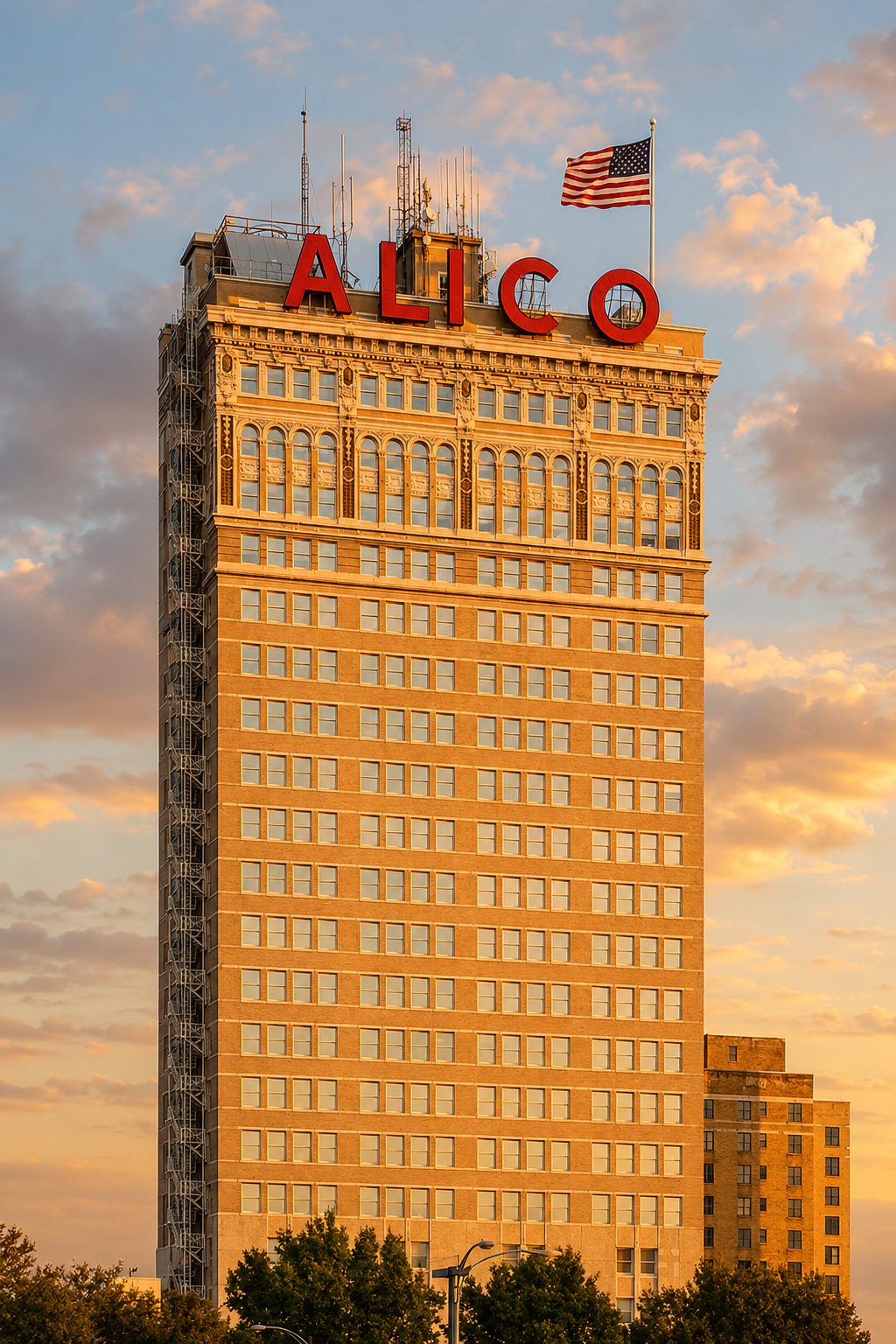 The historic ALICO building, an iconic Waco landmark, at golden hour